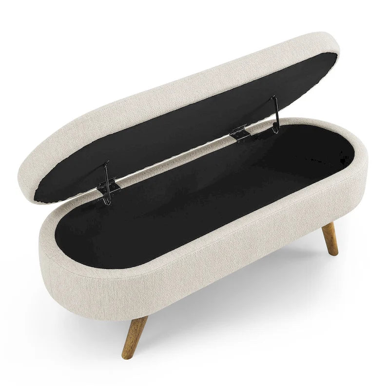 Beige Linen Pleated Storage Ottoman Bench