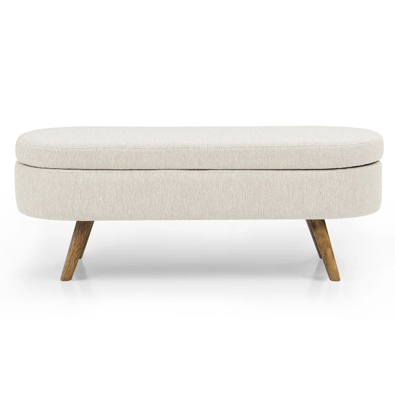 Beige Linen Pleated Storage Ottoman Bench