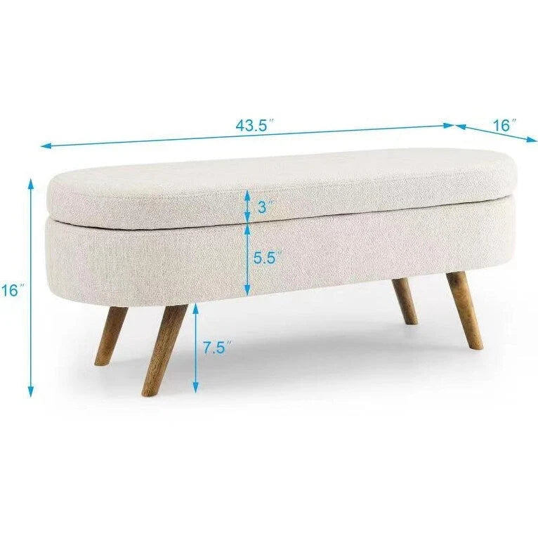 Beige Linen Pleated Storage Ottoman Bench