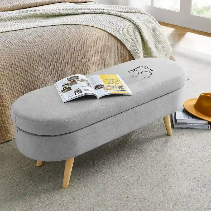 Beige Linen Pleated Storage Ottoman Bench