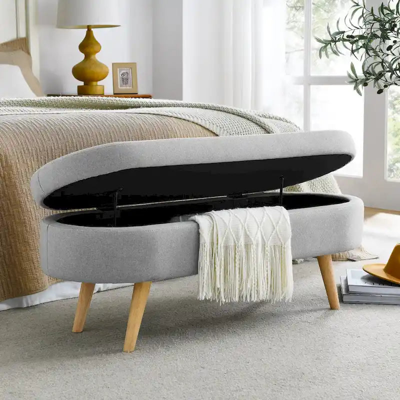 Beige Linen Pleated Storage Ottoman Bench