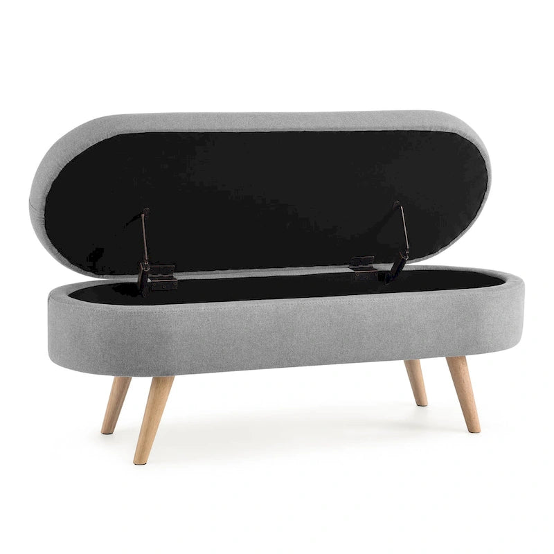Beige Linen Pleated Storage Ottoman Bench