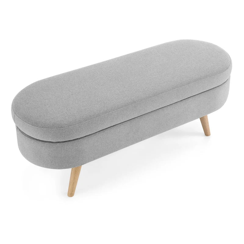 Beige Linen Pleated Storage Ottoman Bench