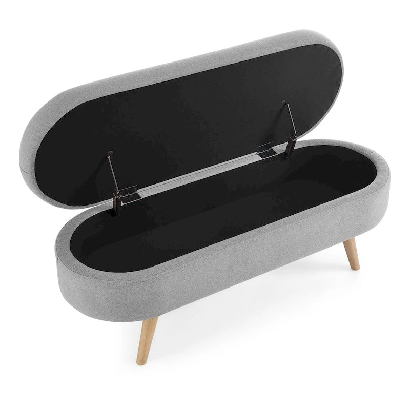 Beige Linen Pleated Storage Ottoman Bench