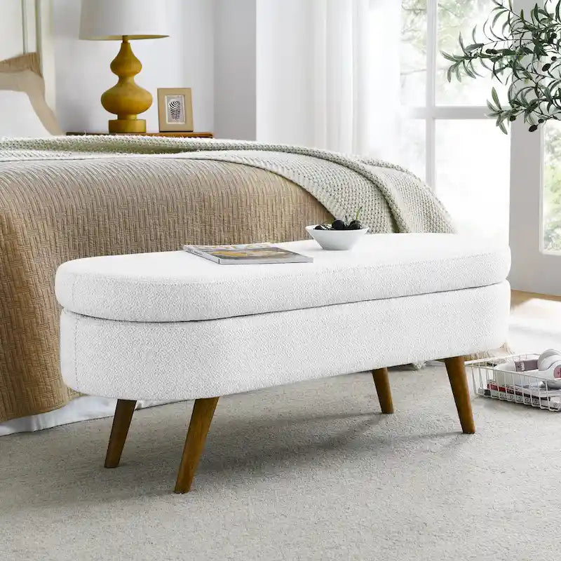 Beige Linen Pleated Storage Ottoman Bench