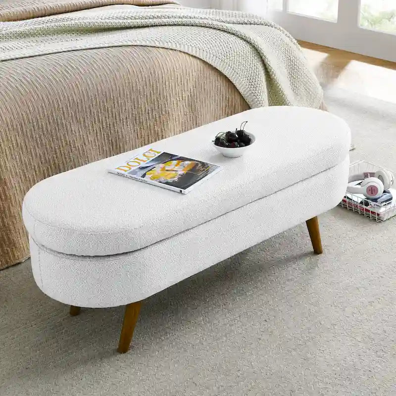 Beige Linen Pleated Storage Ottoman Bench