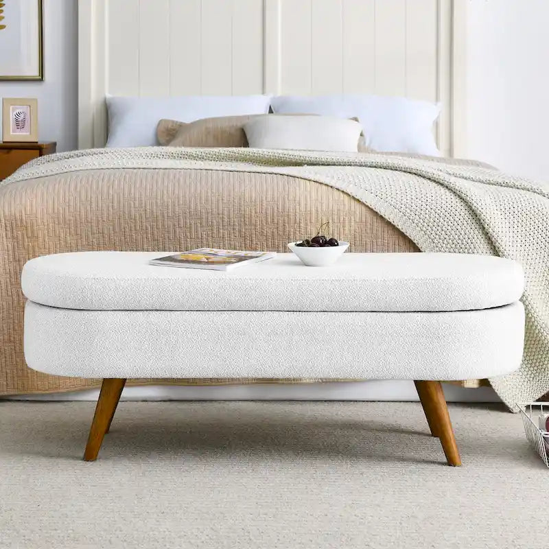 Beige Linen Pleated Storage Ottoman Bench