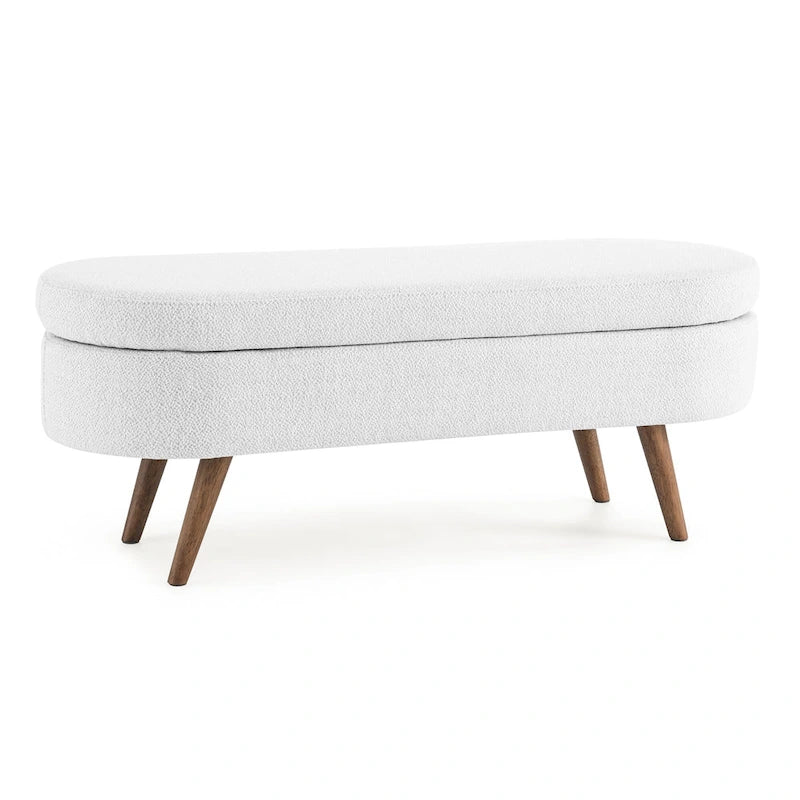 Beige Linen Pleated Storage Ottoman Bench