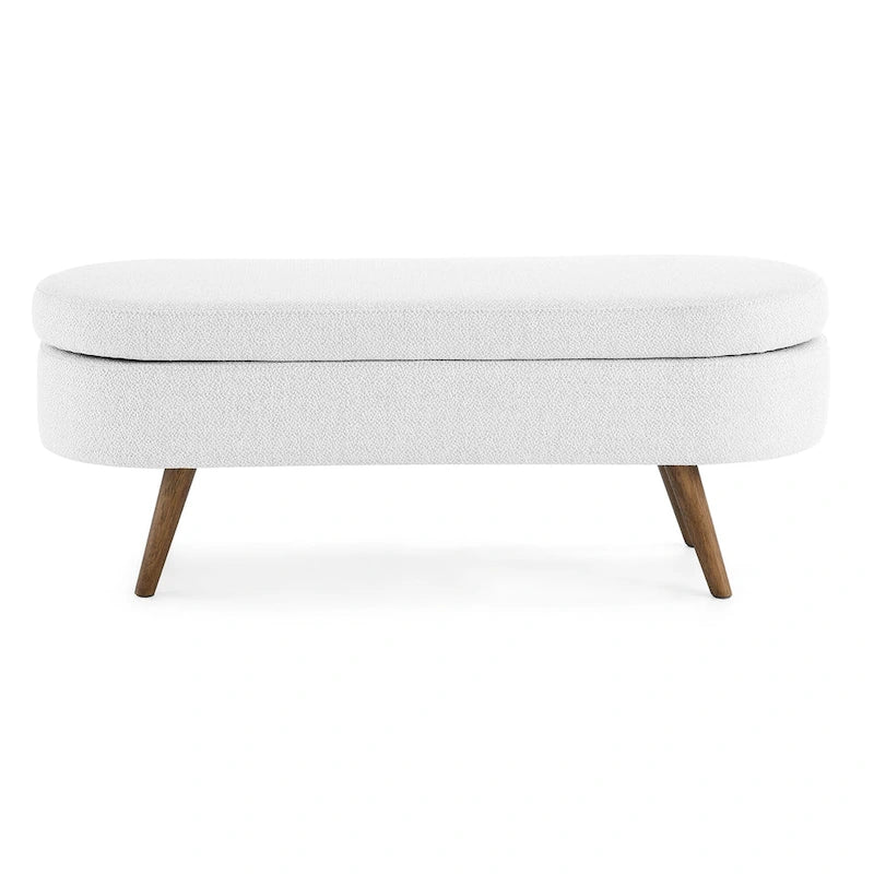 Beige Linen Pleated Storage Ottoman Bench