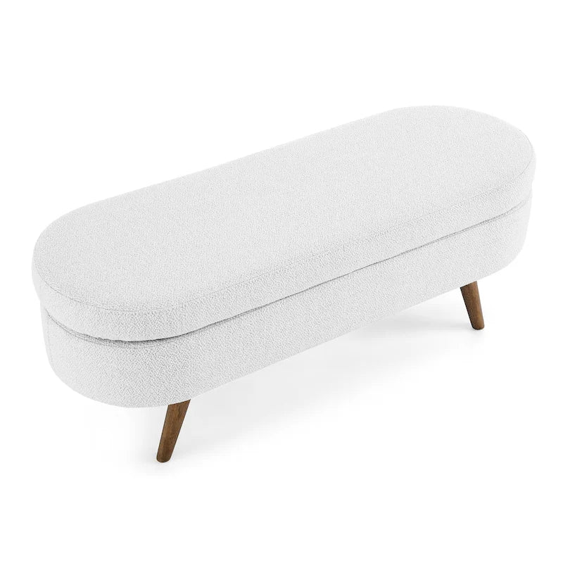 Beige Linen Pleated Storage Ottoman Bench