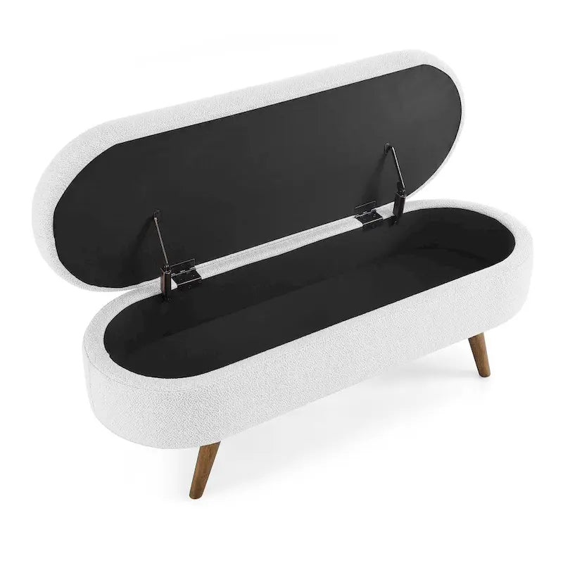 Beige Linen Pleated Storage Ottoman Bench