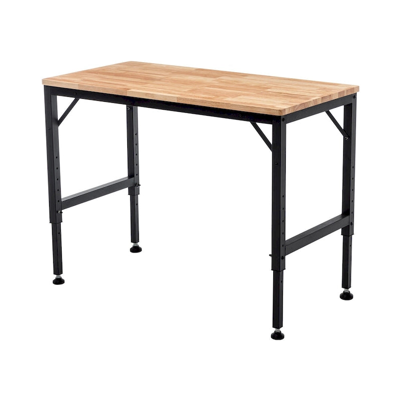 Banco da Lavoro Industriale con Altezza Regolabile, Piano in Legno e 4 Gambe in Metallo per Garage, Officina o Uso Domestico