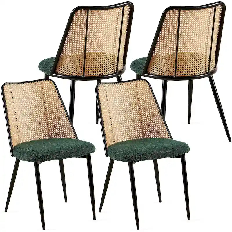 Sedie da pranzo set da 4, sedie in bouclé con schienale in canna naturale