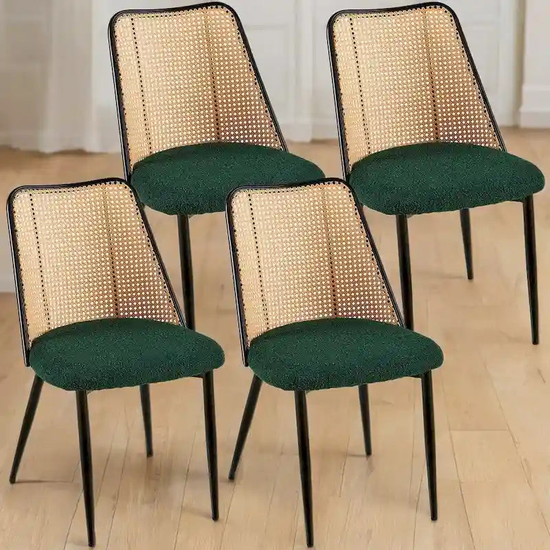 Sedie da pranzo set da 4, sedie in bouclé con schienale in canna naturale