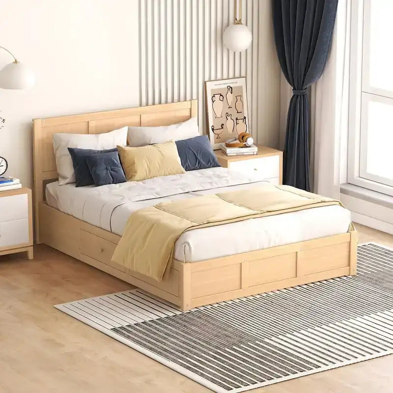 Full Size All-in-One Wood Platform Bed w/ Underneath Storage Upholster ...