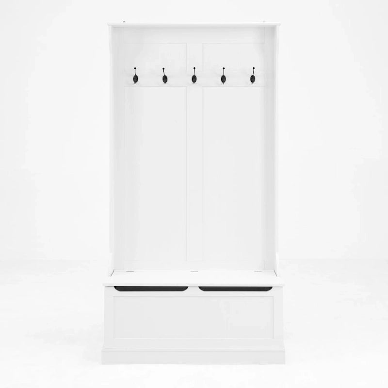Modern Style Coat Rack with Entryway Bench, Shoe Cabinet, 5 Hooks, Space Saving, for Entryway and Hallway, White