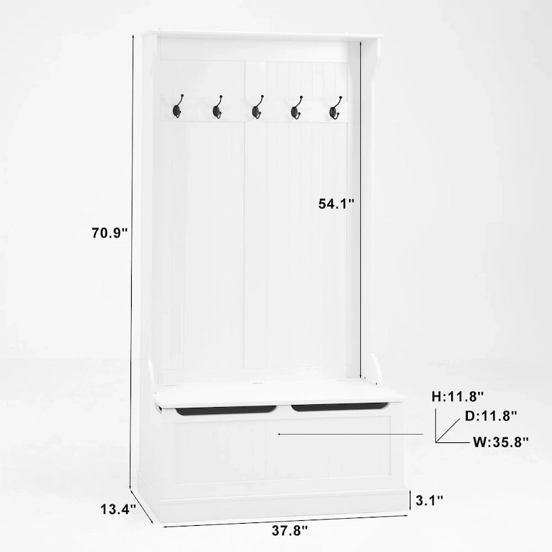 Modern Style Coat Rack with Entryway Bench, Shoe Cabinet, 5 Hooks, Space Saving, for Entryway and Hallway, White