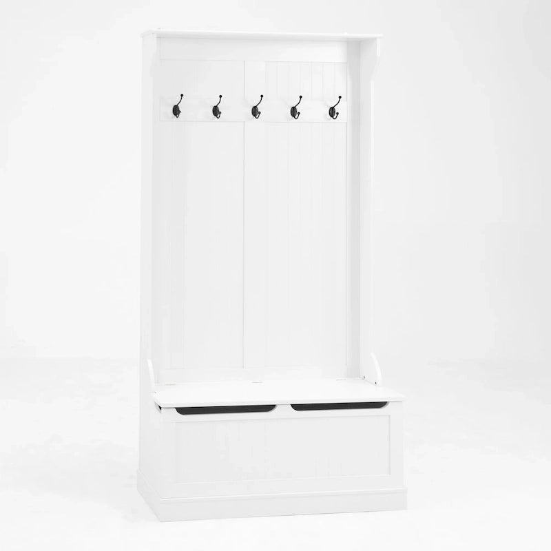 Modern Style Coat Rack with Entryway Bench, Shoe Cabinet, 5 Hooks, Space Saving, for Entryway and Hallway, White