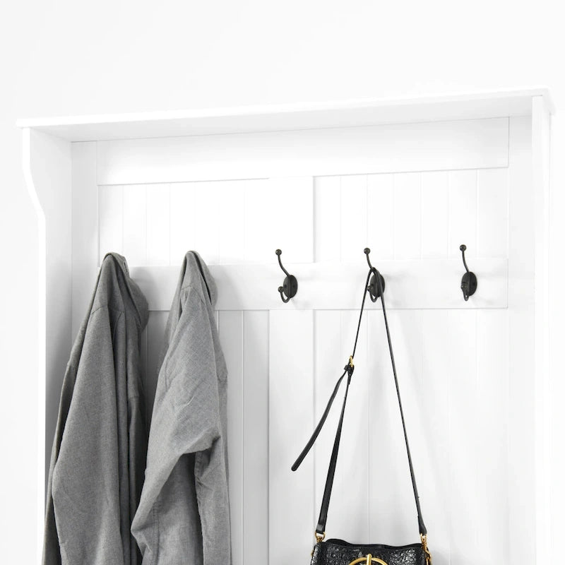 Modern Style Coat Rack with Entryway Bench, Shoe Cabinet, 5 Hooks, Space Saving, for Entryway and Hallway, White