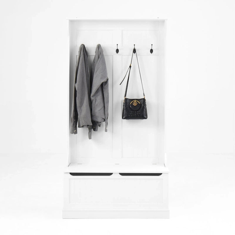 Modern Style Coat Rack with Entryway Bench, Shoe Cabinet, 5 Hooks, Space Saving, for Entryway and Hallway, White