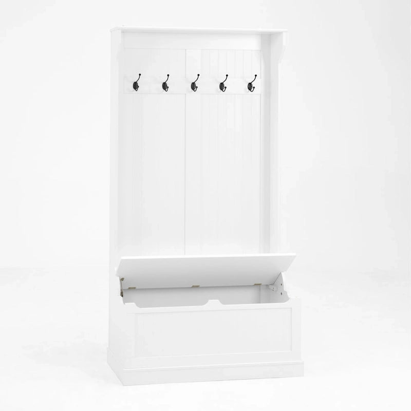 Modern Style Coat Rack with Entryway Bench, Shoe Cabinet, 5 Hooks, Space Saving, for Entryway and Hallway, White
