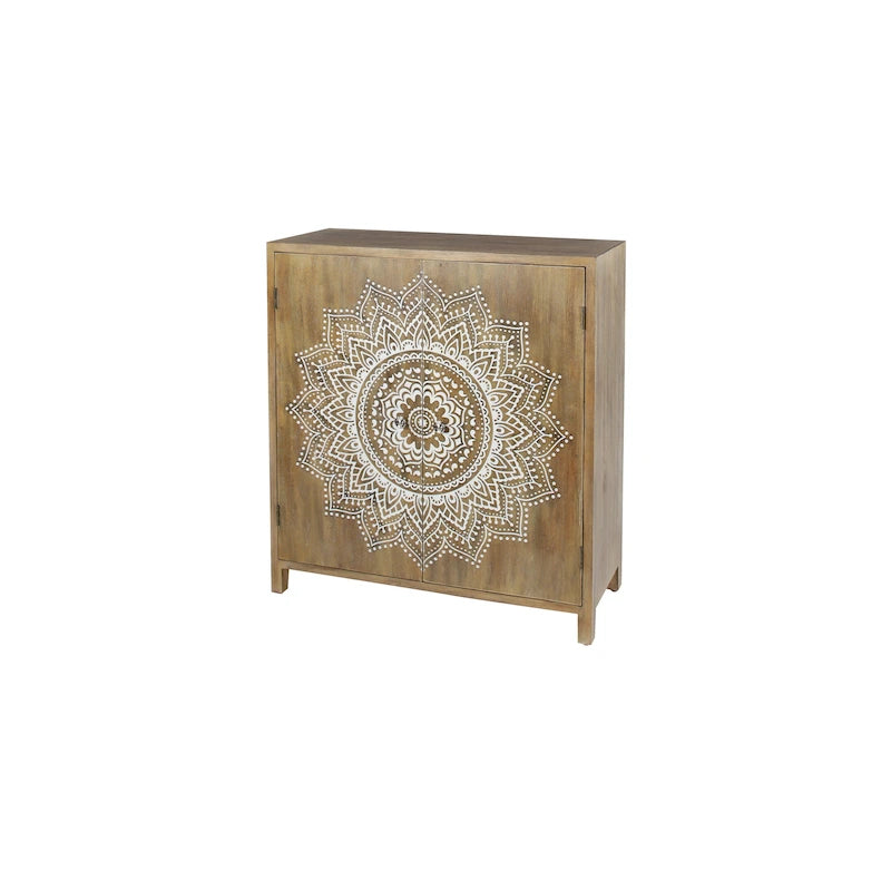 Wood Floral Intricately Carved 1 Shelf and 2 Doors Room Cabinet - Brown - Roche River Decor