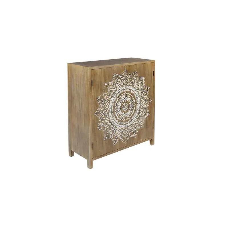 Wood Floral Intricately Carved 1 Shelf and 2 Doors Room Cabinet - Brown - Roche River Decor