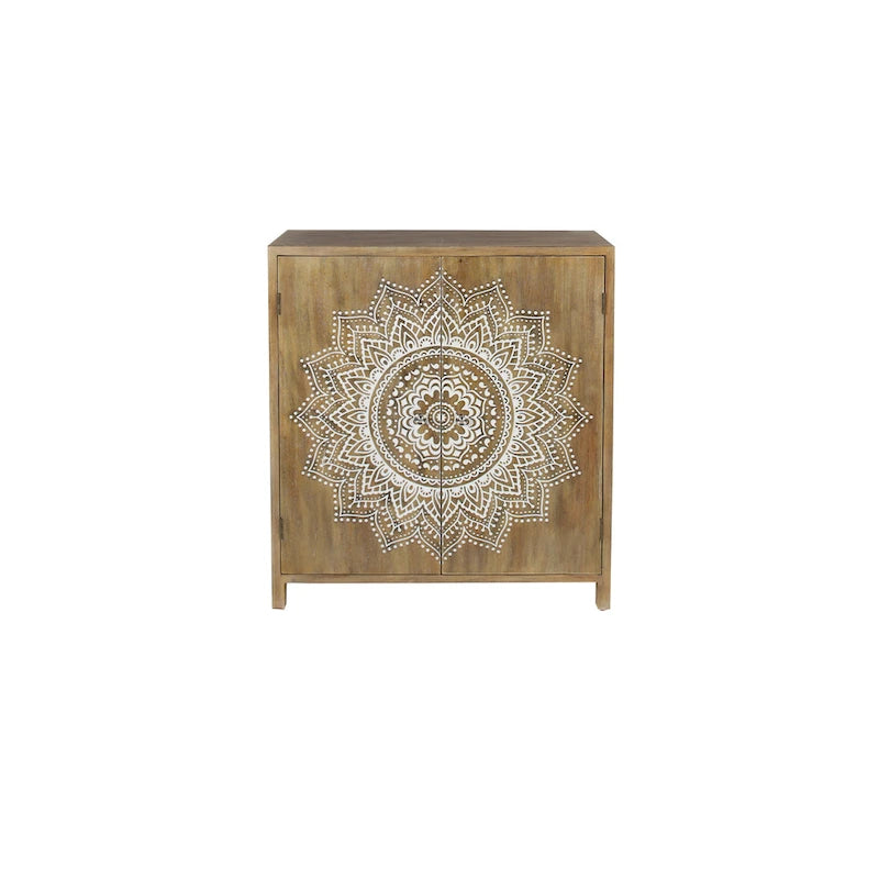 Wood Floral Intricately Carved 1 Shelf and 2 Doors Room Cabinet - Brown - Roche River Decor