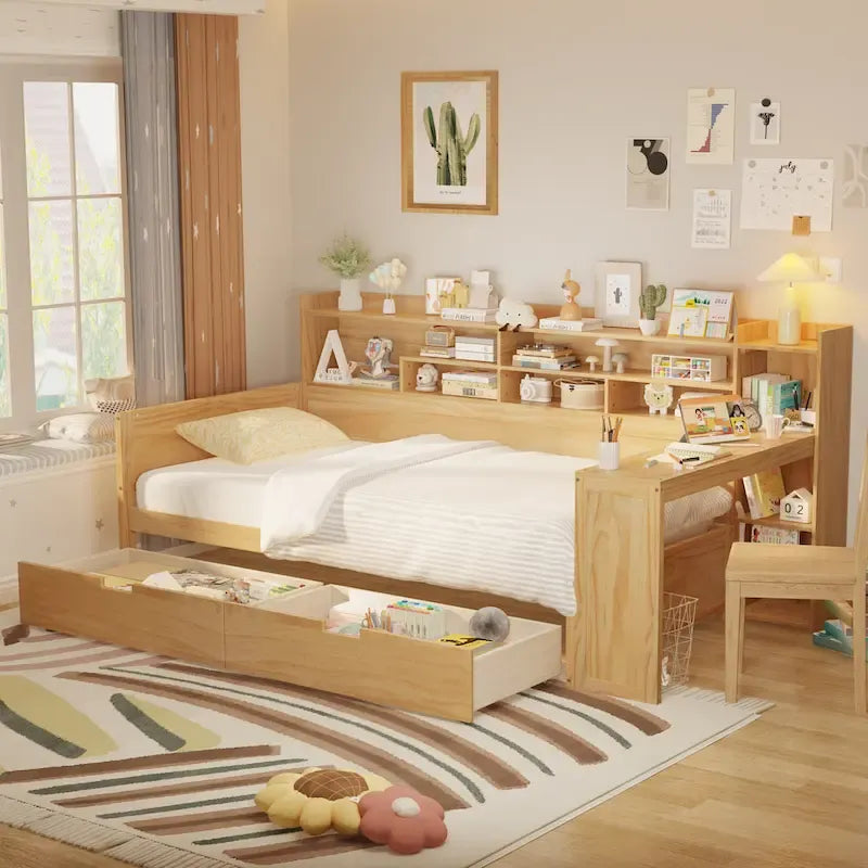 Wooden Twin Size Daybed with Storage Shelves, Two Drawers & Study Desk,Natural