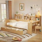 Wooden Twin Size Daybed with Storage Shelves, Two Drawers & Study Desk,Natural