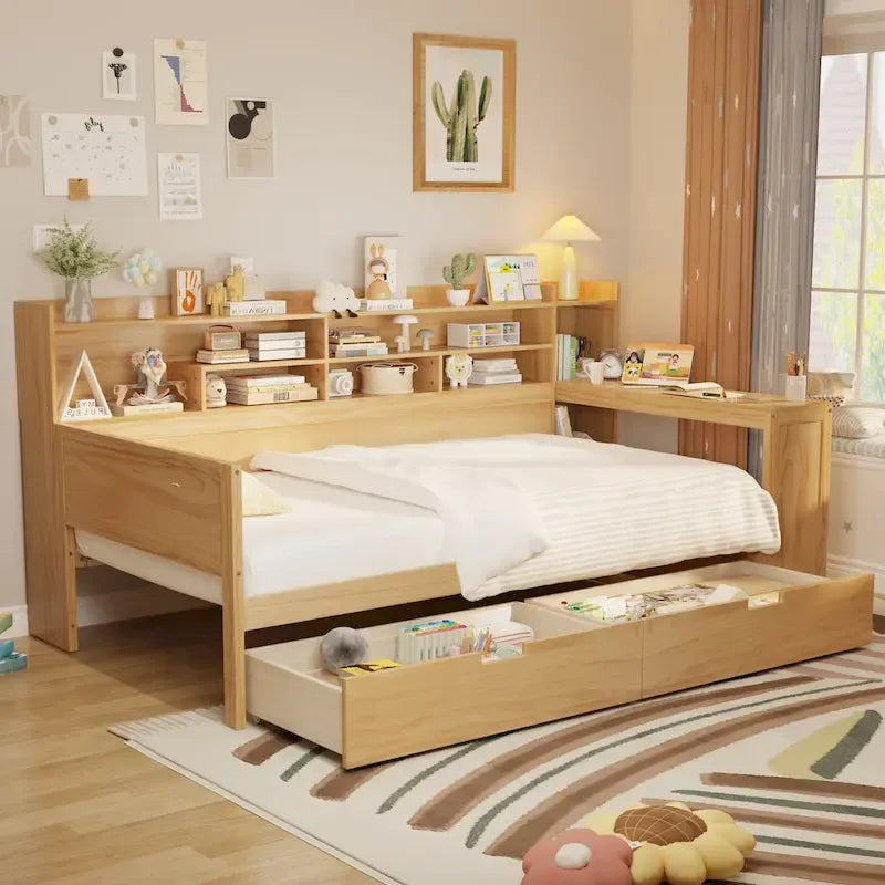 Wooden Twin Size Daybed with Storage Shelves, Two Drawers & Study Desk,Natural