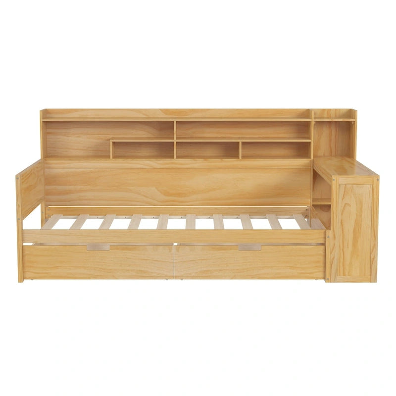 Wooden Twin Size Daybed with Storage Shelves, Two Drawers & Study Desk,Natural