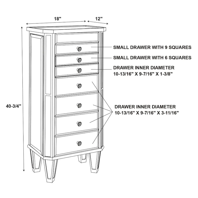 Mirrored Jewelry Armoire with 7-Drawers - 40.5 - Silver