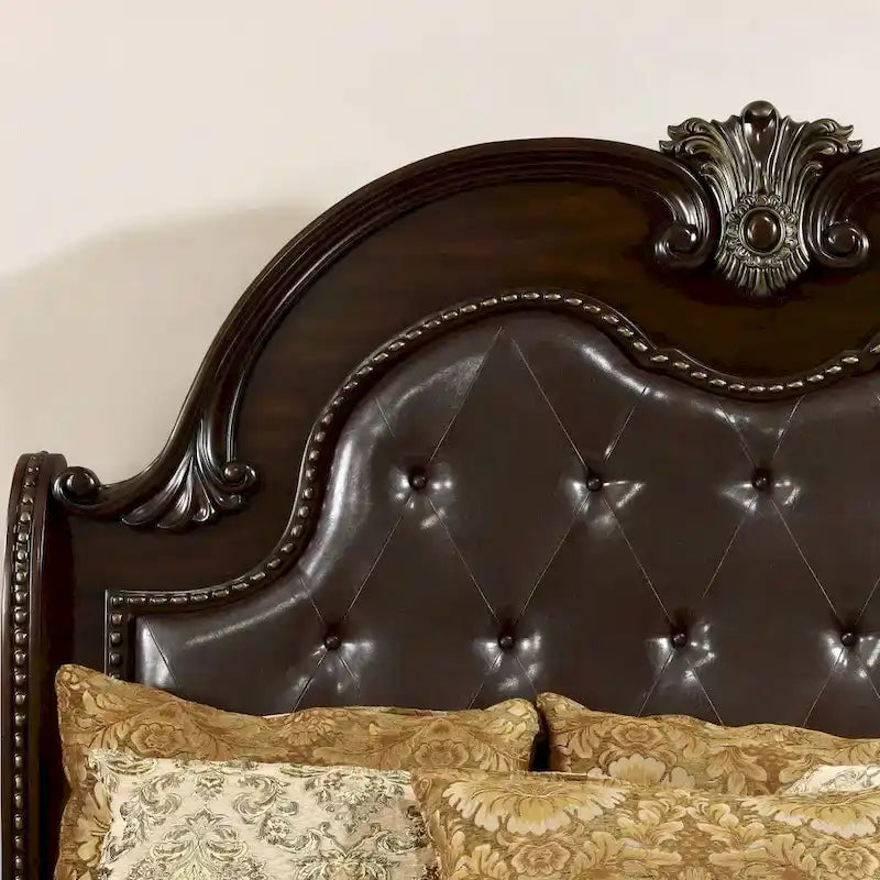 Furniture of America Etane Traditional Solid Wood Sleigh Bed with Tufted Leatherette Headboard