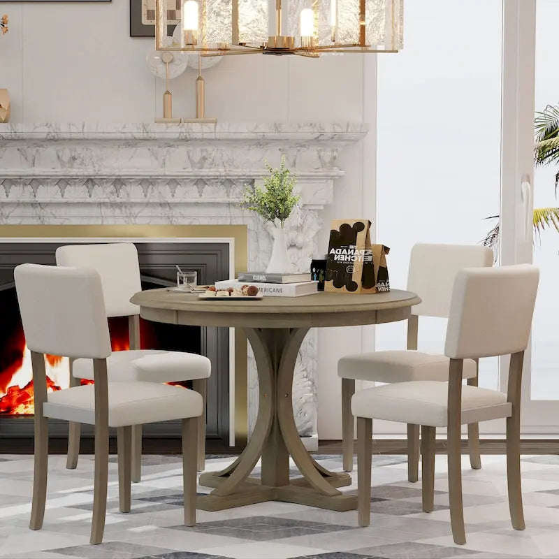 Set da tavolo da pranzo rotondo retrò da 5 pezzi, set da tavolo da pranzo da cucina in stile rustico con gambe del tavolo a cavalletto curve per sala da pranzo