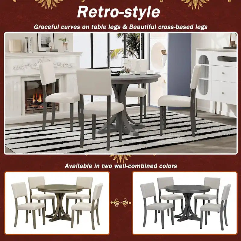 Set da tavolo da pranzo rotondo retrò da 5 pezzi, set da tavolo da pranzo da cucina in stile rustico con gambe del tavolo a cavalletto curve per sala da pranzo