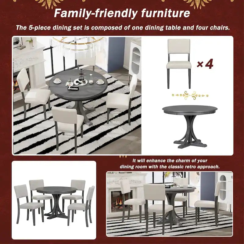 Set da tavolo da pranzo rotondo retrò da 5 pezzi, set da tavolo da pranzo da cucina in stile rustico con gambe del tavolo a cavalletto curve per sala da pranzo