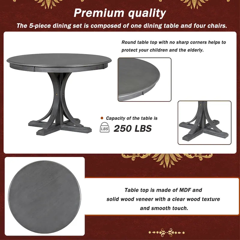 Set da tavolo da pranzo rotondo retrò da 5 pezzi, set da tavolo da pranzo da cucina in stile rustico con gambe del tavolo a cavalletto curve per sala da pranzo