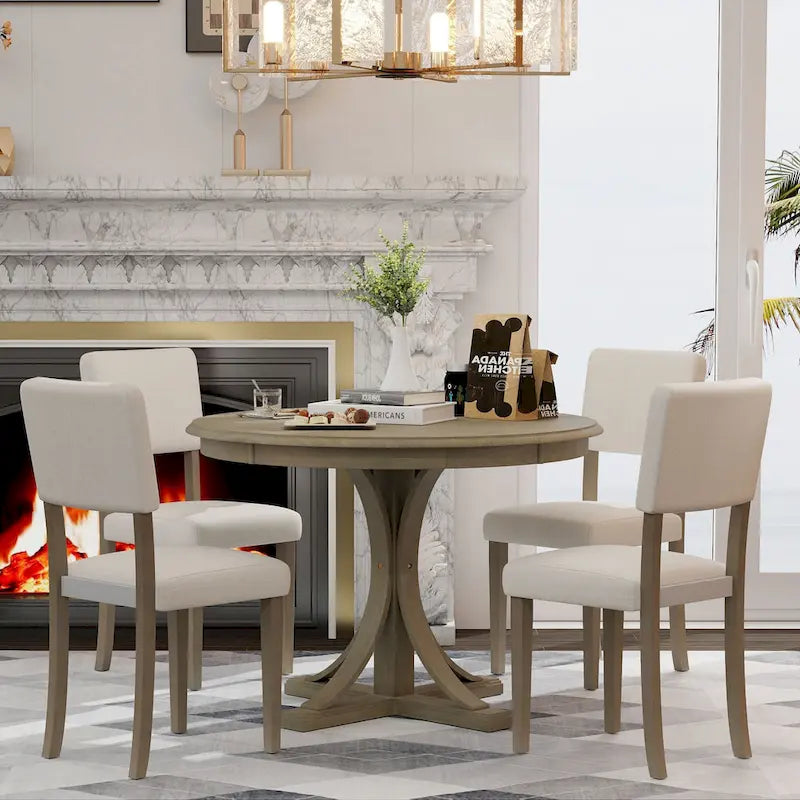 Set da tavolo da pranzo rotondo retrò da 5 pezzi, set da tavolo da pranzo da cucina in stile rustico con gambe del tavolo a cavalletto curve per sala da pranzo