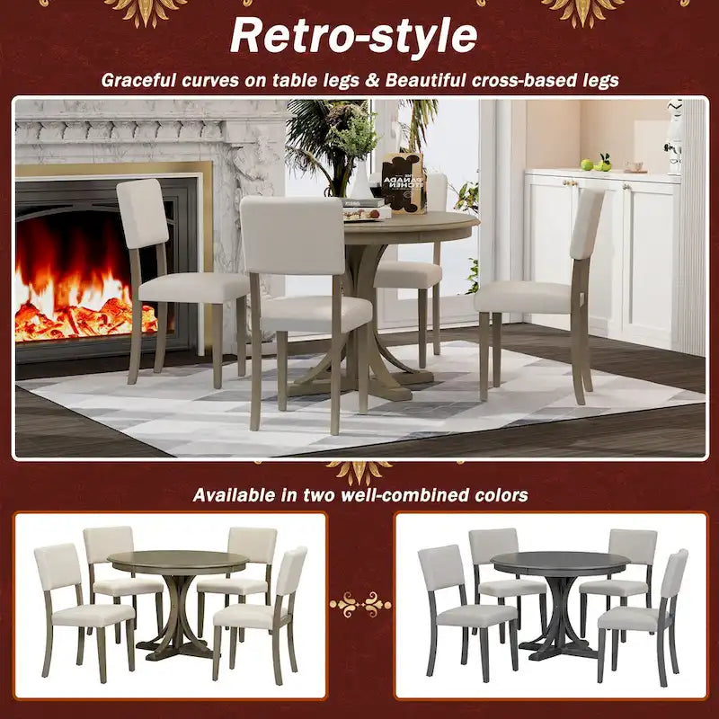Set da tavolo da pranzo rotondo retrò da 5 pezzi, set da tavolo da pranzo da cucina in stile rustico con gambe del tavolo a cavalletto curve per sala da pranzo