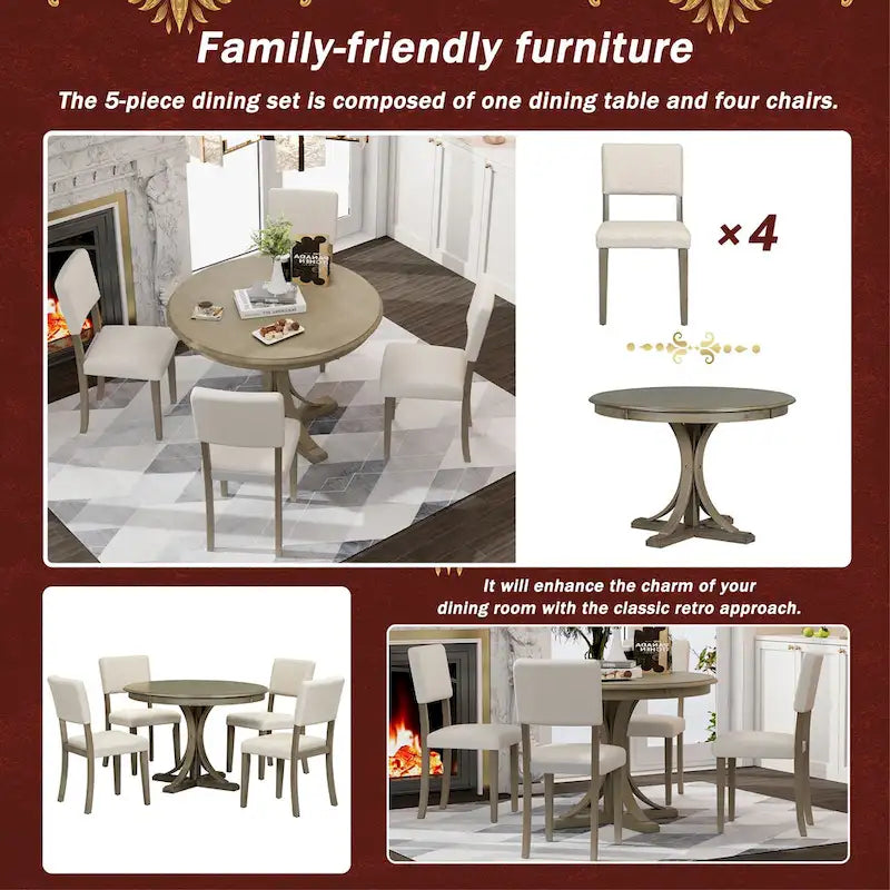 Set da tavolo da pranzo rotondo retrò da 5 pezzi, set da tavolo da pranzo da cucina in stile rustico con gambe del tavolo a cavalletto curve per sala da pranzo