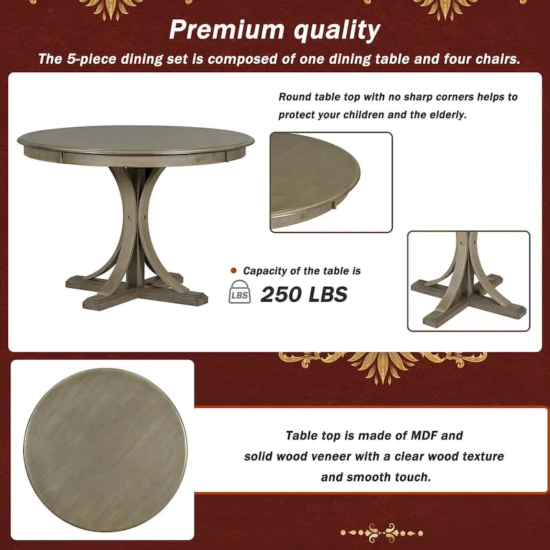 Set da tavolo da pranzo rotondo retrò da 5 pezzi, set da tavolo da pranzo da cucina in stile rustico con gambe del tavolo a cavalletto curve per sala da pranzo