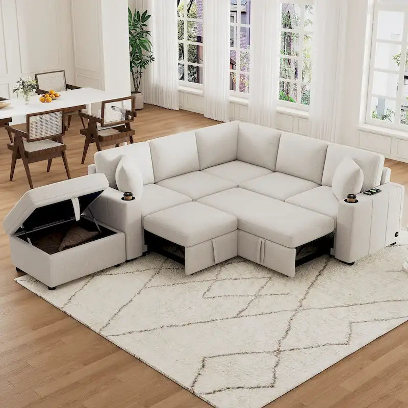 84.7 Divano componibile letto in ciniglia con contenitore e porte USB