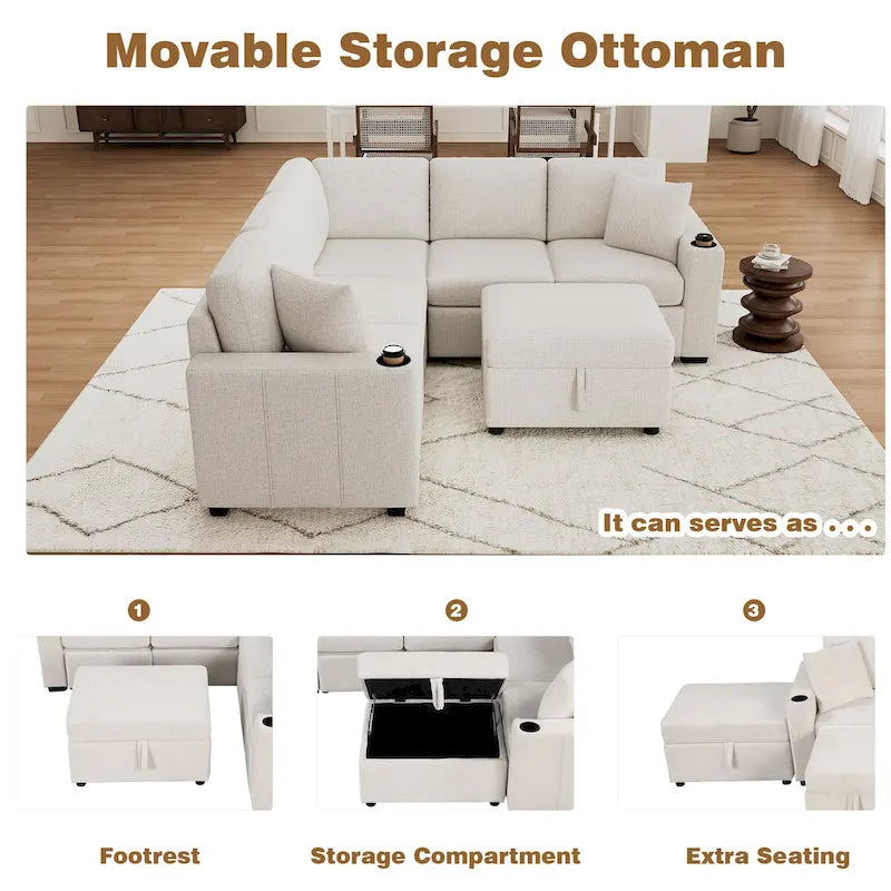 84.7 Divano componibile letto in ciniglia con contenitore e porte USB