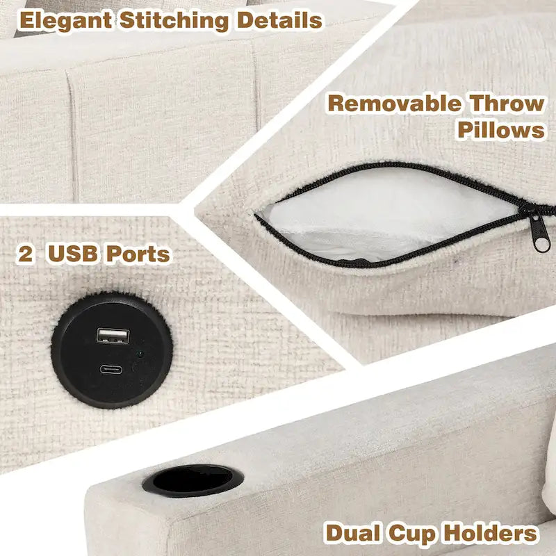 84.7 Divano componibile letto in ciniglia con contenitore e porte USB