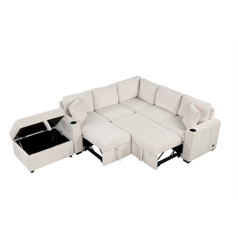 84.7 Divano componibile letto in ciniglia con contenitore e porte USB