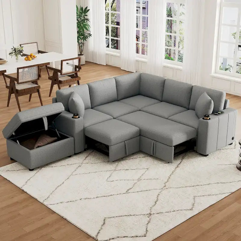 84.7 Divano componibile letto in ciniglia con contenitore e porte USB