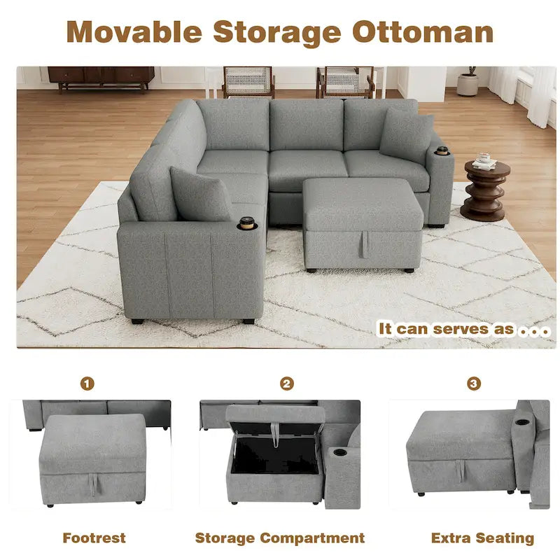 84.7 Divano componibile letto in ciniglia con contenitore e porte USB