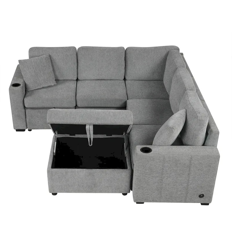 84.7 Divano componibile letto in ciniglia con contenitore e porte USB