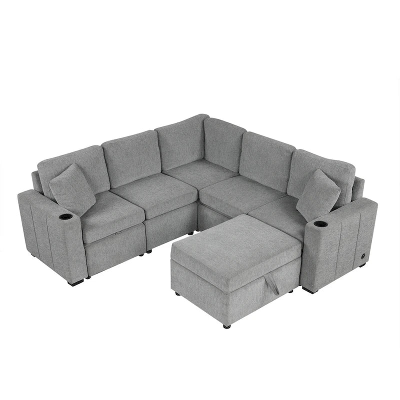 84.7 Divano componibile letto in ciniglia con contenitore e porte USB